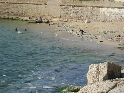 kids swimming in Alexandria on littered beach