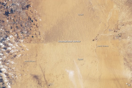 A clearly visible line marks 50 kilometers of the international border between Egypt and Israel