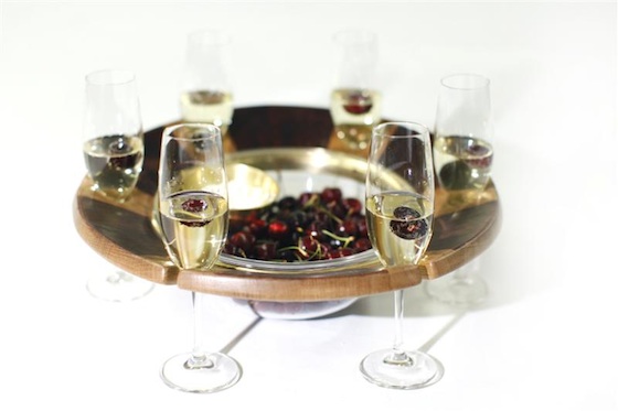 serving platter, tableware, wine glass, fruit bowl, recycled wood