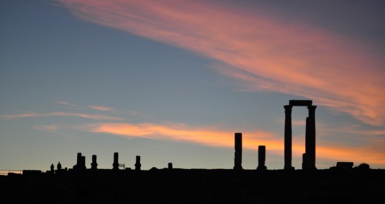 sunset jordan archeological ruins, sun over amman's citadel