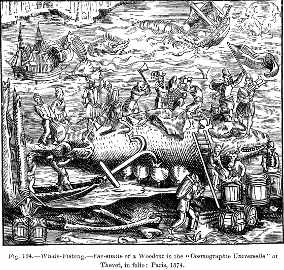 Whale Fishing Woodcut Cosmographie Universelle of Thevet folio Paris 1574