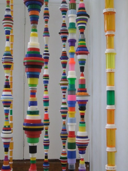 plastic bottle cap columns garbage art ideas Maryellen-Croteau-Artist