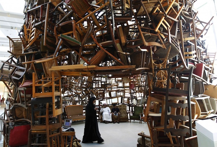 Tadashi Kawamata, Chairs for Abu Dhabi, recycled materials, eco art, green design,