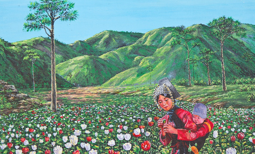 opium field woman with baby poppies, poppy