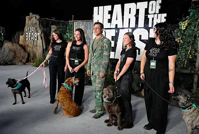 Brad Pitt walks the red carpet with adoptable rescue dogs at the world premiere of Heart of the Beast in Franklin, Tennessee, on September 16, 2026.