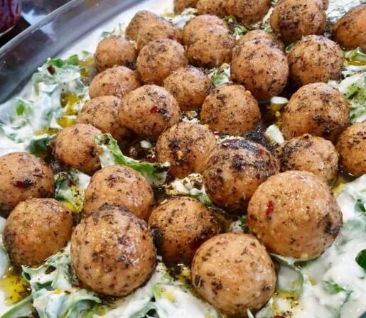Arap Koftesi burgul balls in a garlicky yogurt sauce