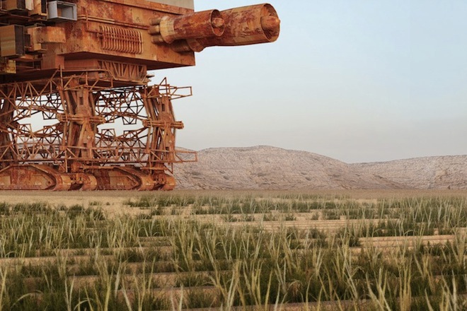 Green Machine, Stephane Malka,  Yachar Bouhaya, desertification, green the Sahara, city on tank treads, roaming desert city, nomadic city, Morocco, Venice Biennale, Sahara Desert