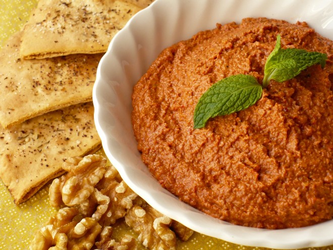 muhammara in a white bowl
