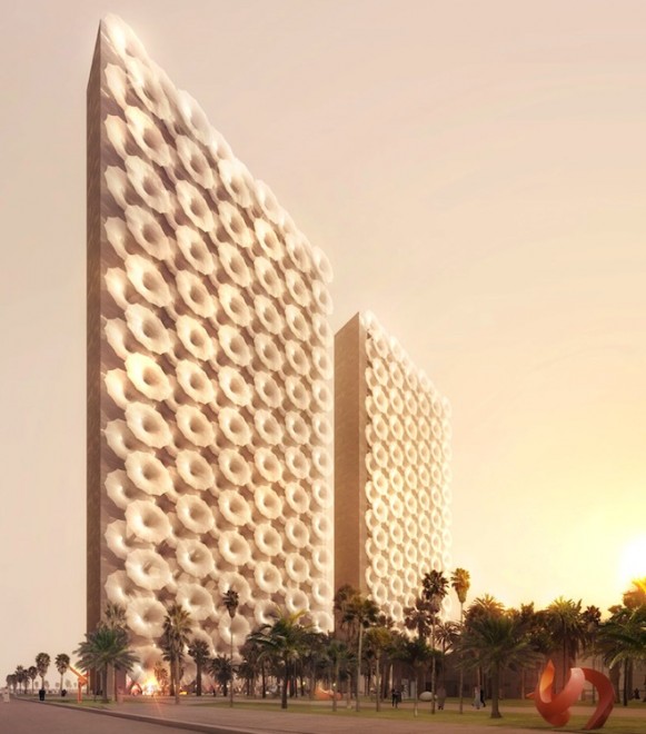 REX, Media Headquarters, mashrabiya, solar gain, middle east, arab architecture, arab design, LED lights, blooming sunshades