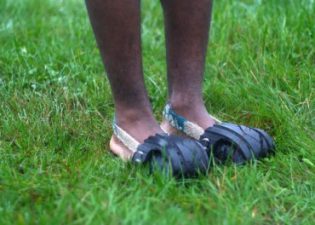 Let’s bounce! on tires upcycled into rubber-soled shoes