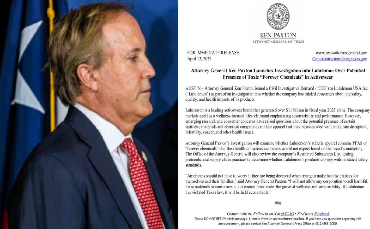 Attor­ney Gen­er­al Ken Pax­ton Launch­es Inves­ti­ga­tion into Lul­ule­mon Over Poten­tial Pres­ence of Tox­ic ​“For­ev­er Chem­i­cals” in Activewear