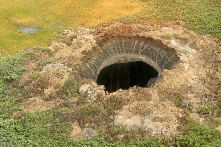 Siberian crater, Yamal Peninsula, methane bomb, gurgling methane, methane craters, global warming, melting landmass, Arctic, melting permafrost