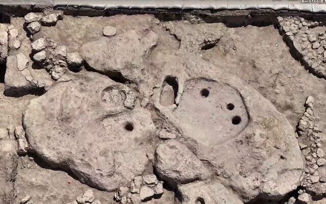 A 5,000-year-old wine press was unearthed in archaeological excavations along Highway 66, near Tel Megiddo in northern Israel, in a discovery announced on November 5, 2025. (Yakov Shmidov/Israel Antiquities Authority)