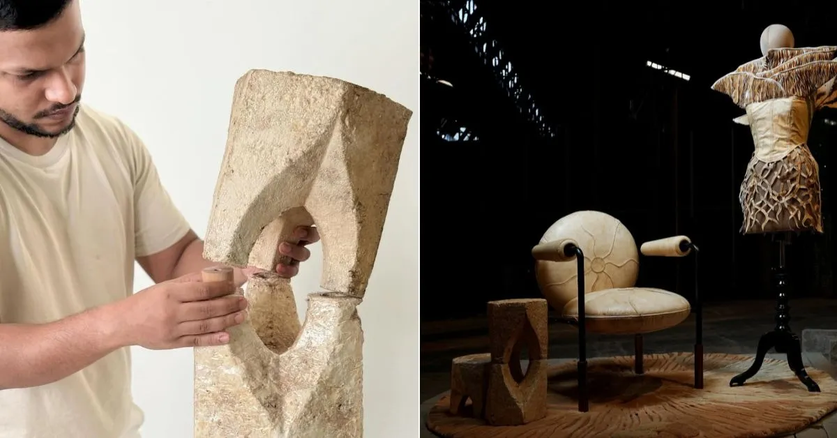 mushroom furniture, mycelium design, sustainable furniture India, circular design materials, eco furniture Mumbai, Bhakti Loonawat, Suyash Sawant, Anomalia architecture, fungi-based materials, biodegradable furniture, Venice Biennale sustainable design, mushroom blocks furniture, mycelium textiles, vegan leather alternatives, crop waste reuse, innovative sustainable materials