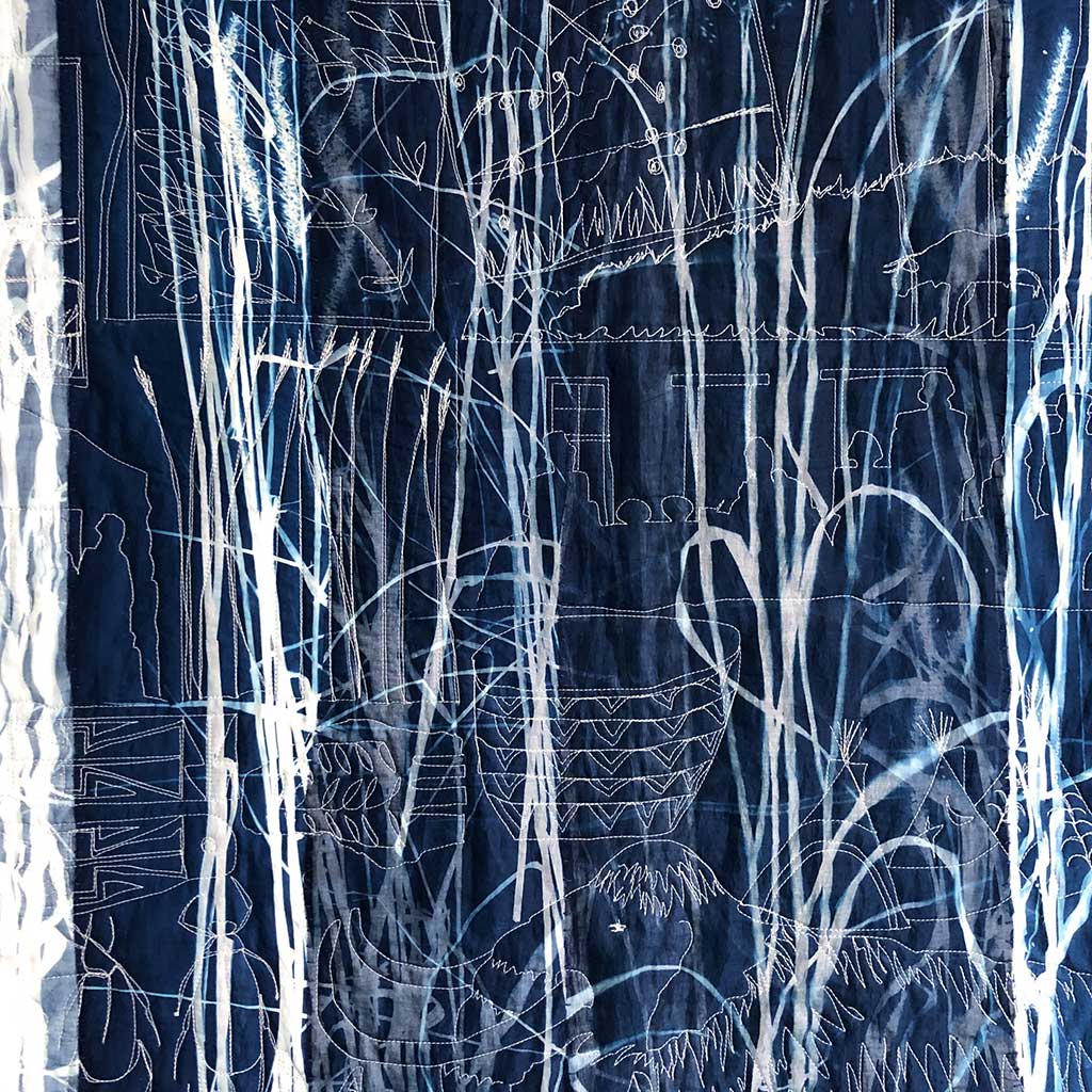 Big Bluestem quilt Pauline Burbidge, cyanotype quilt art, modern folk craft movement, contemporary textile archive, botanical imprint fabric, prairie grass quilt design, handmade cyanotype quilt, Pauline Burbidge botanical quilt, International Quilt Museum Nebraska collection, textile memory mapping art, slow craft cyanotype fabric, regenerative craft movement, neo-folk textile art, land-connected quilting revival, cyanotype prairie grass fabric art, modern quilt artist Pauline Burbidge, botanical cyanotype craft movement, fabric as archive quilt, nature imprint folk craft, new craft folk textile movement