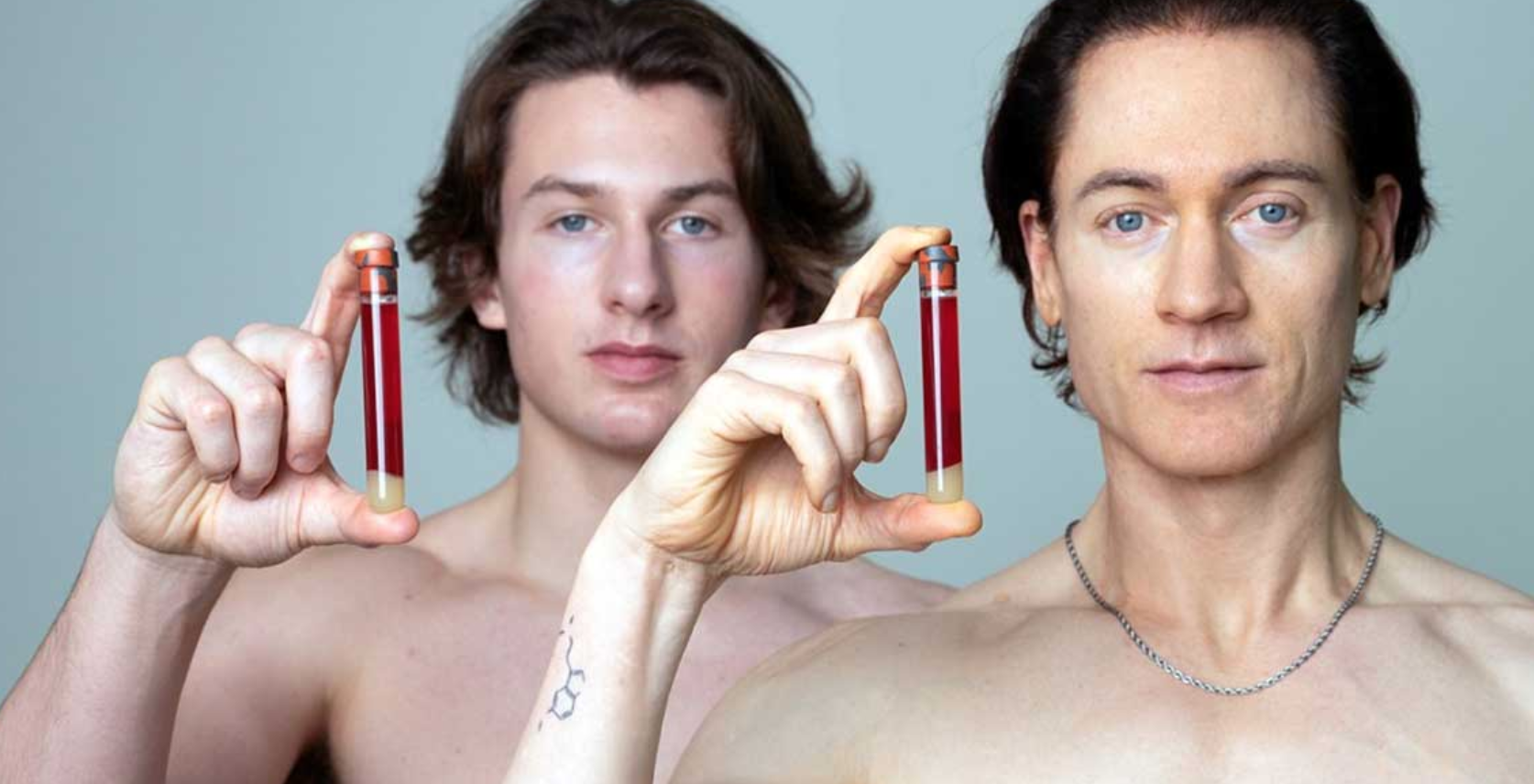 Biohacker Bryan Johnson, right, and his son. He recently understood that the toxic fake plastic grass in his backyard has to go.