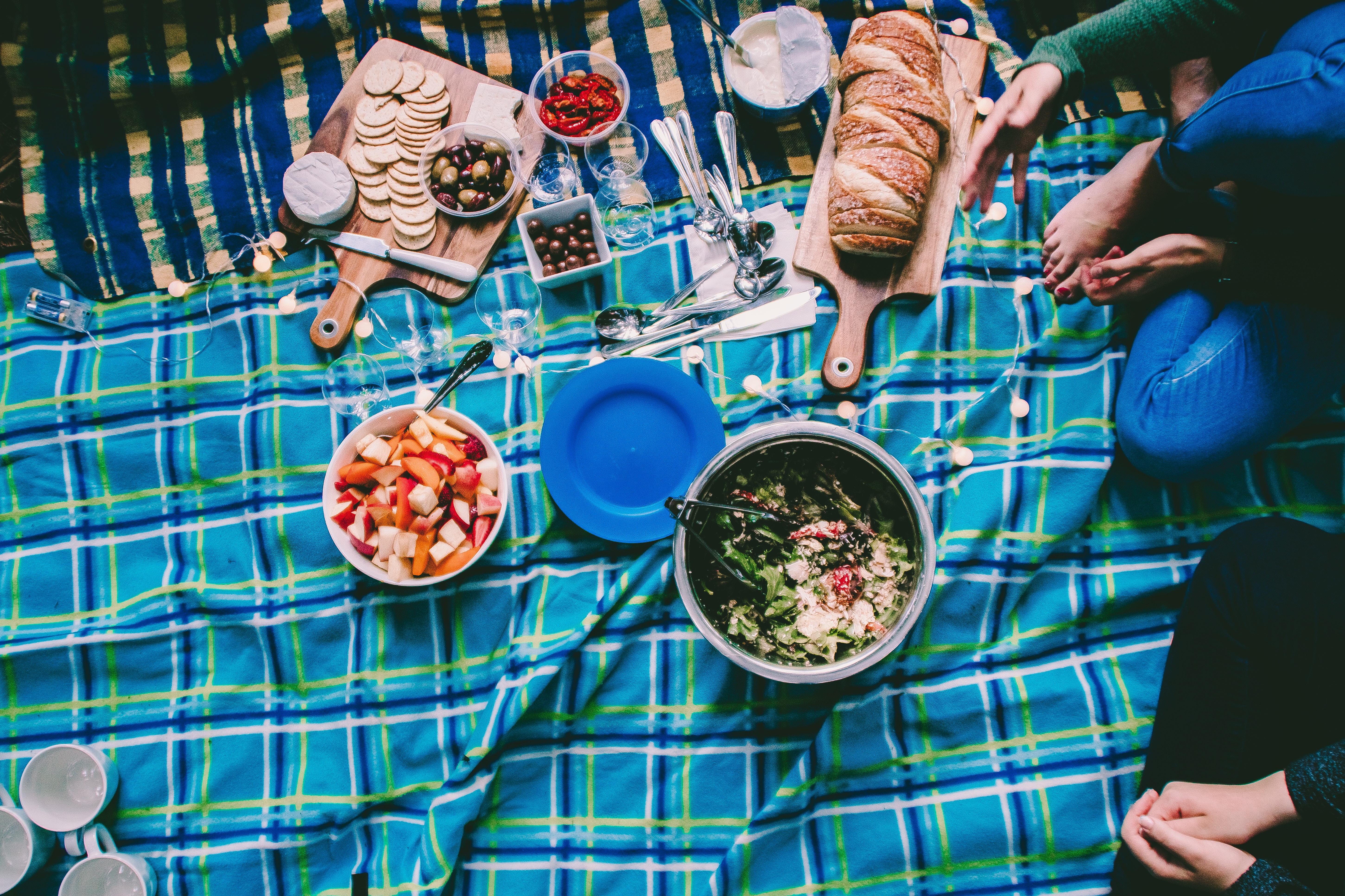 olives and salads, brunch, blue tablecloth
