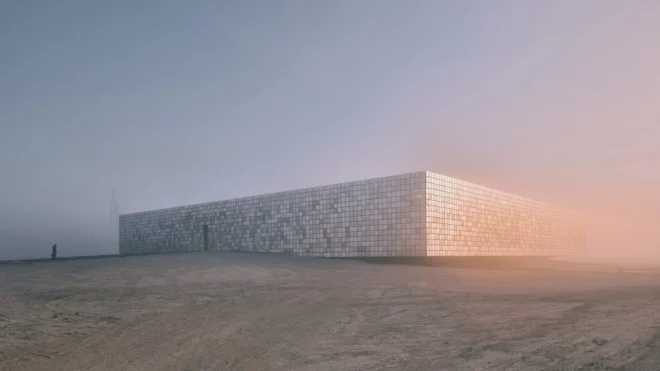 A facade of shimmering steel panels envelops this control centre that Istanbul studio Bilgin Architects has created in the plains of Karapinar, Turkey, for one of Europe's largest solar farms. Named Central Control Building, it is designed by Bilgin Architects to act as a centralised location from which to monitor and control the expansive field of 3.2 million solar panels.