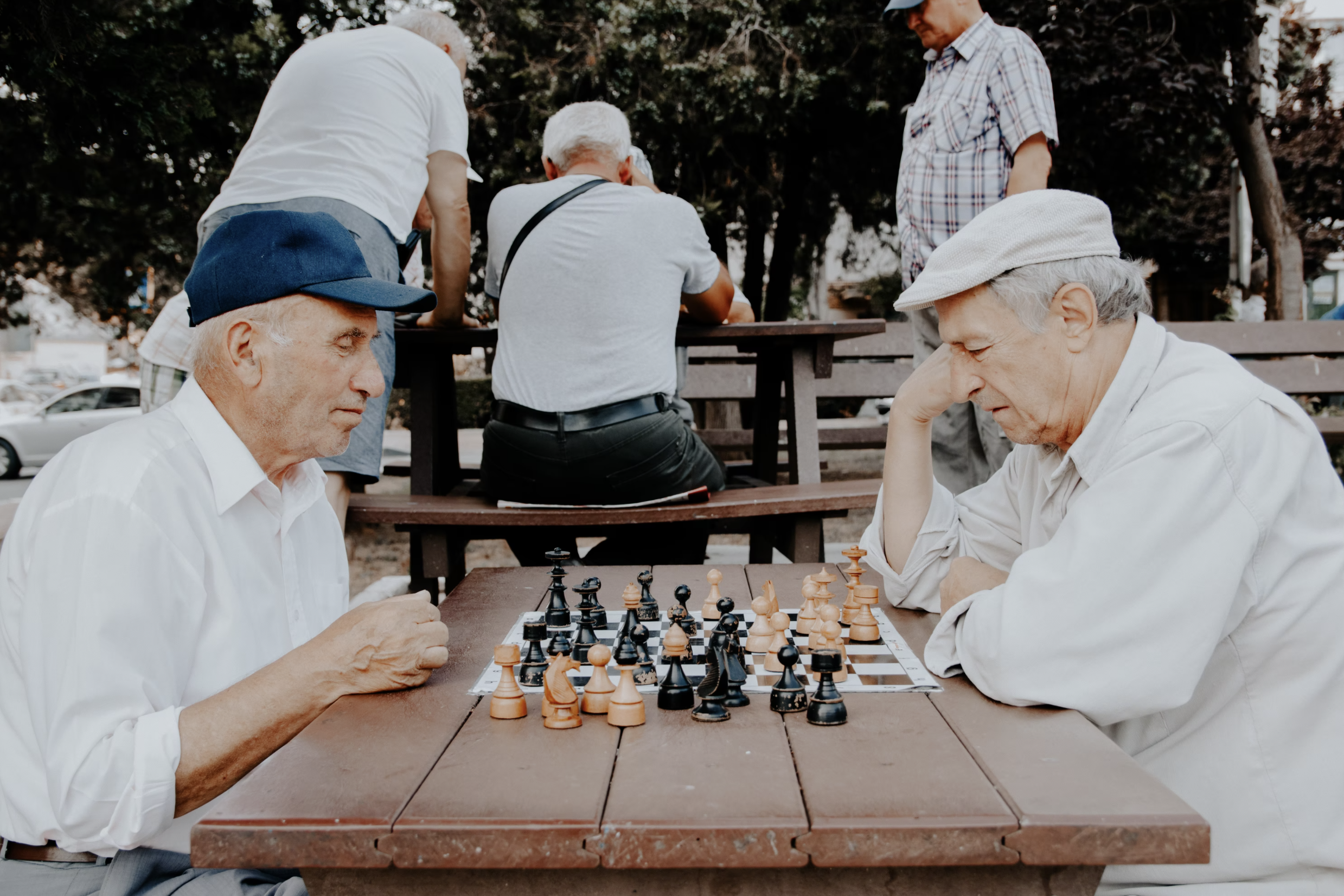 chess, elderly men, seniors playing, outdoors at picnic table