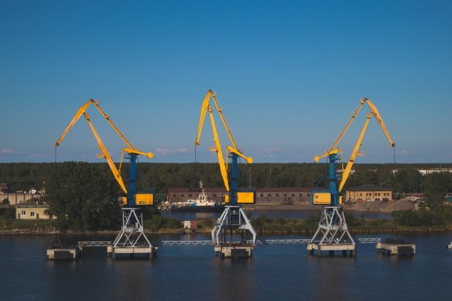 Daugava river, Latvia construction robot on the water