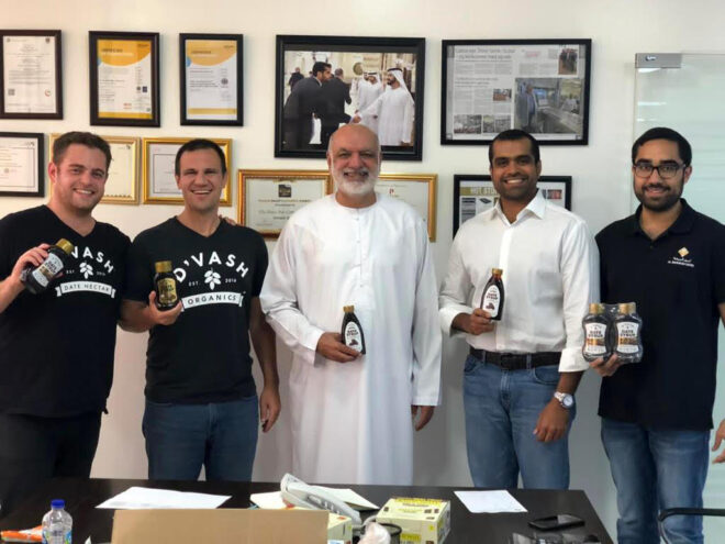 PHOTO BY MUBARAK TAJ: From left: D’vash co-founders David Czinn and Brian Finkel; Al Barakah founder Mohamed Saleem; managing director Yousuf Salem, and Abdulkarim Salem, at Al Barakah’s Dubai headquarters in December 2020.