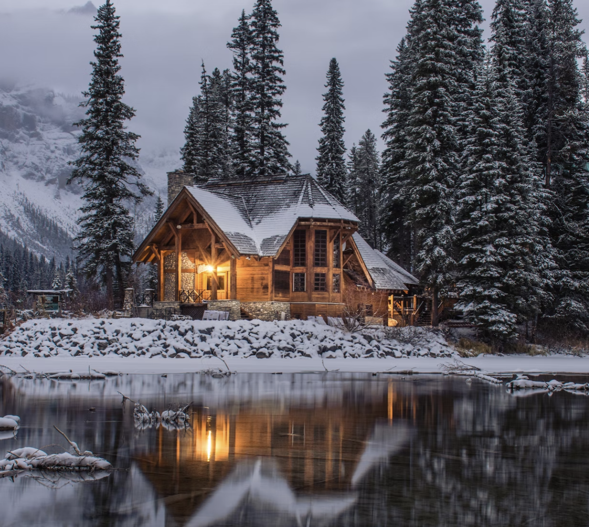 fire safety, log cabin made from wood far in the forest
