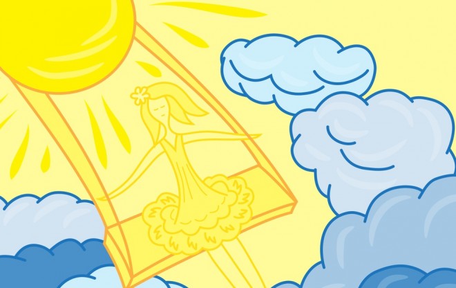 girl on swing in the sun and clouds