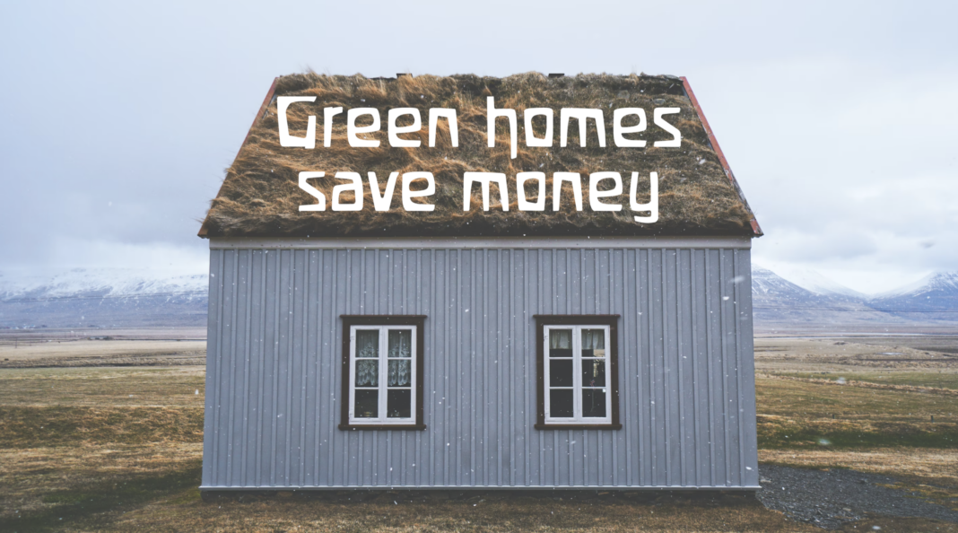 green home, geco roof, home in a field