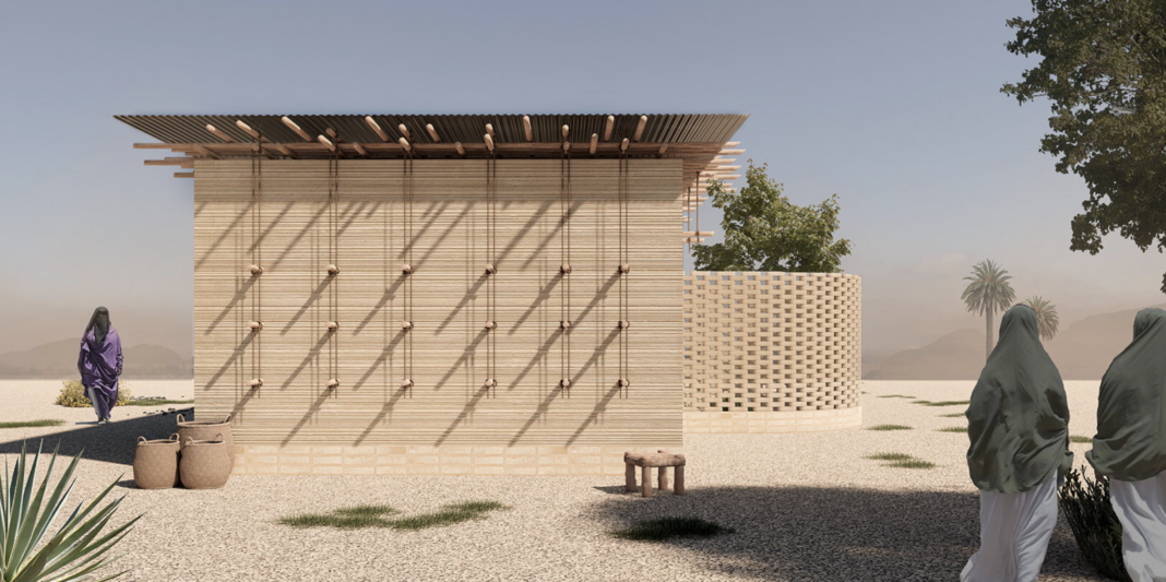 Somalia, mud brick, refugee shelter, modular housing, IDP camps, sustainable architecture, acacia wood, earth construction, passive cooling, vernacular design, low-cost housing, humanitarian architecture, Kengo Kuma, Rabie Al Ashi, climate resilience