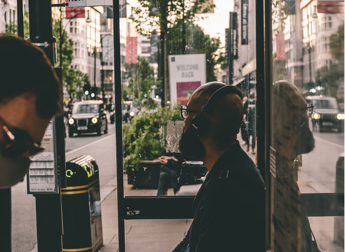 Man wearing noise reducing headphones