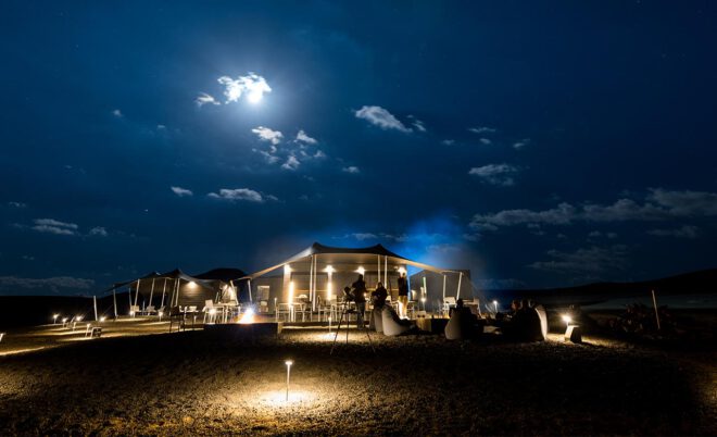 Khaybar Volcano Glamping, a night scene of the eco camp in Saudi Arabia