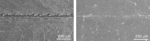 Scratches in this new contact lens material (left) repair themselves almost completely after one hour of UV light exposure (right).