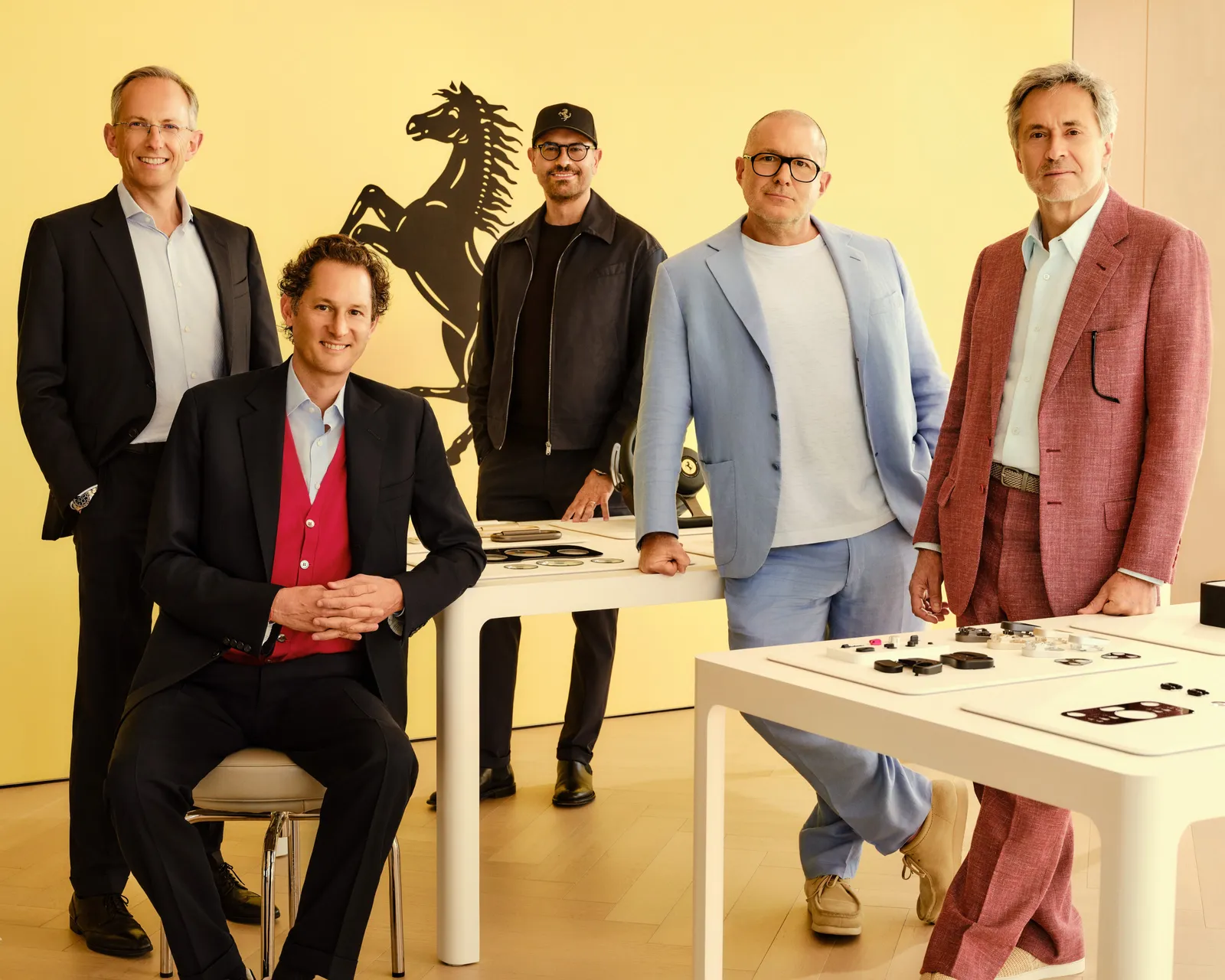 The team. From left, Ferrari CEO Benedetto Vigna, Ferrari chairman John Elkann, Ferrari CDO Flavio Manzoni, Sir Jony Ive and Marc Newson(Image credit: Ferrari)