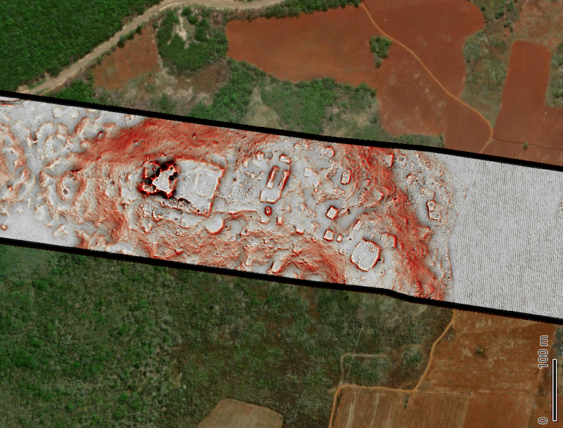 Ancient buildings clustered on a hilltop are revealed by a narrow transect of lidar survey data. Lidar technology uses laser pulses to measure distances and create 3D models of specific areas. (Photo courtesy Luke Auld-Thomas)