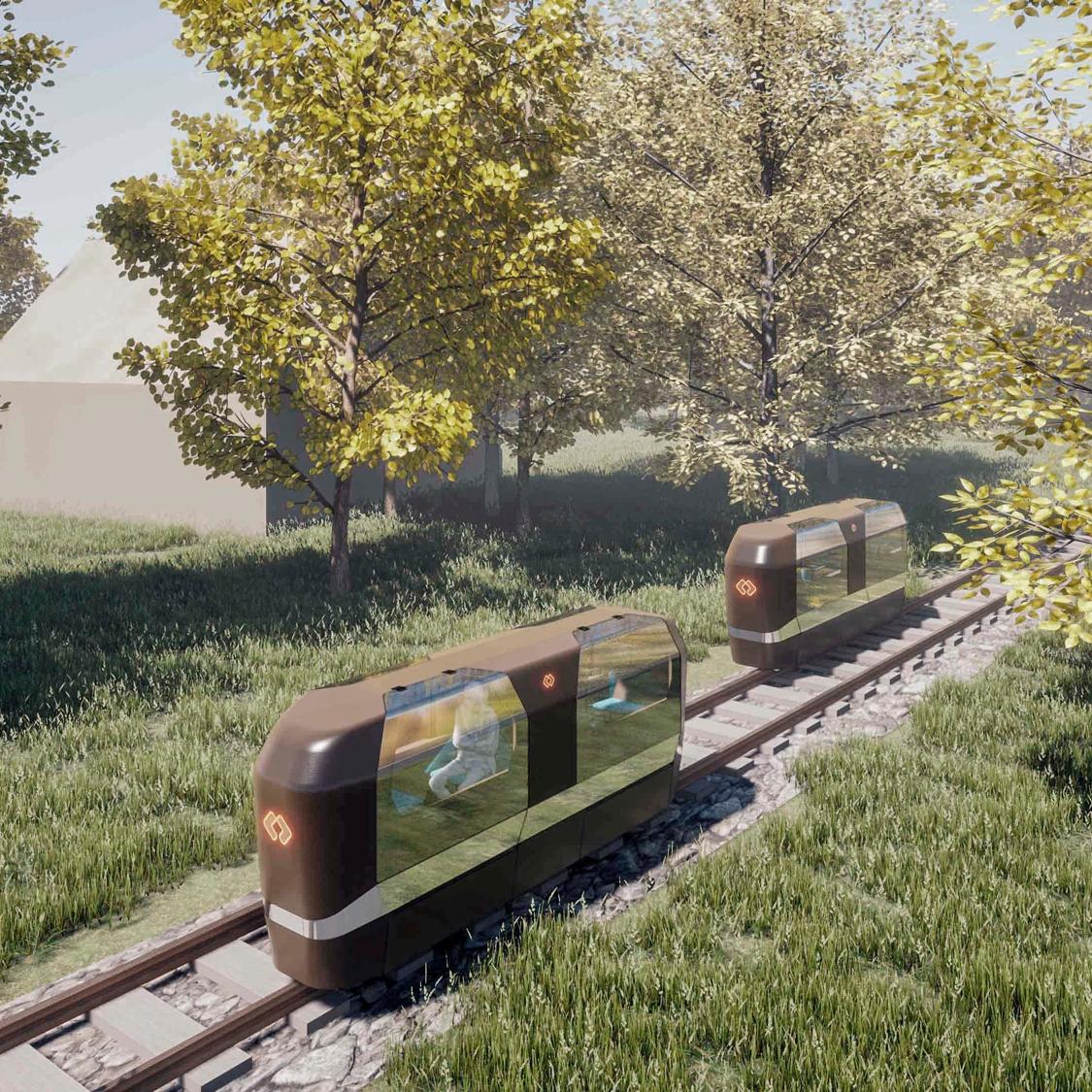 Monocab Owl prototype on abandoned railway, Germany, sustainable mobility innovation, Autonomous monorail cab on single-track line, rural transportation solution, North Rhine-Westphalia, Repurposed rail infrastructure, German R&D project, Monocab urban mobility concept, Monocab Owl rendering, autonomous pod vehicle, shared transport for small towns, Old railway converted to modern transit, Germany, sustainable mobility research, High Line New York inspiration, repurposed rails, urban green infrastructure, HaTachana Tel Aviv railway redevelopment, historic station, urban regeneration example, Rural Germany passenger pod, Monocab test track, single-rail monorail system, Elder mobility transport solution, autonomous rail cabin, German innovation project, European Regional Development Fund project, Monocab technology, low-impact rail mobility