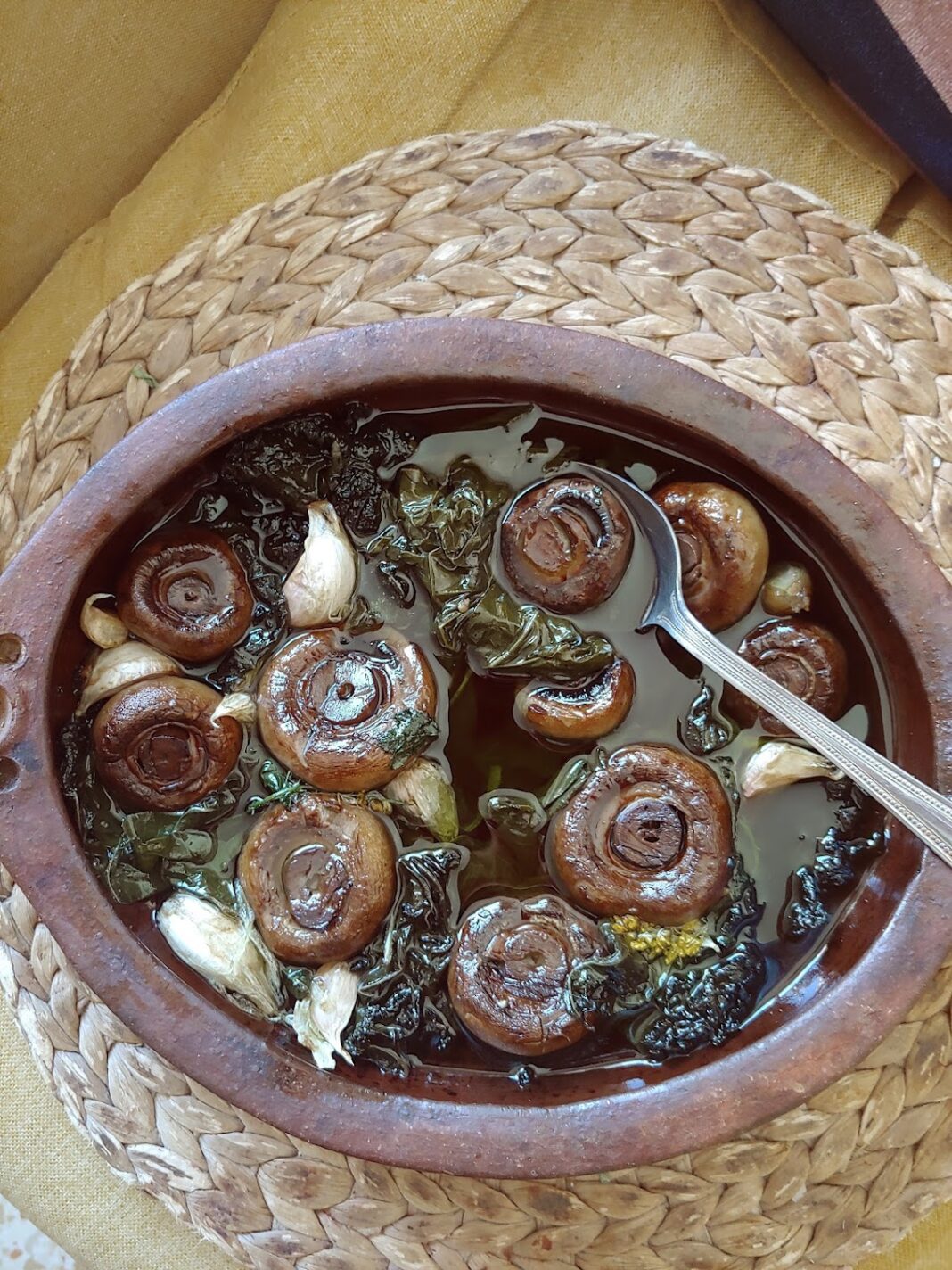 mushrooms cooked in grapevine leaves