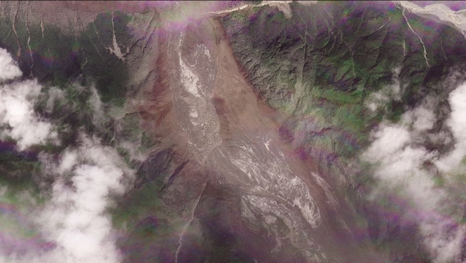 A satellite image shows the valleys near the Nepal-China border on August 26, 2026, after the devastating floods. 2026 PLANET LABS PBC/