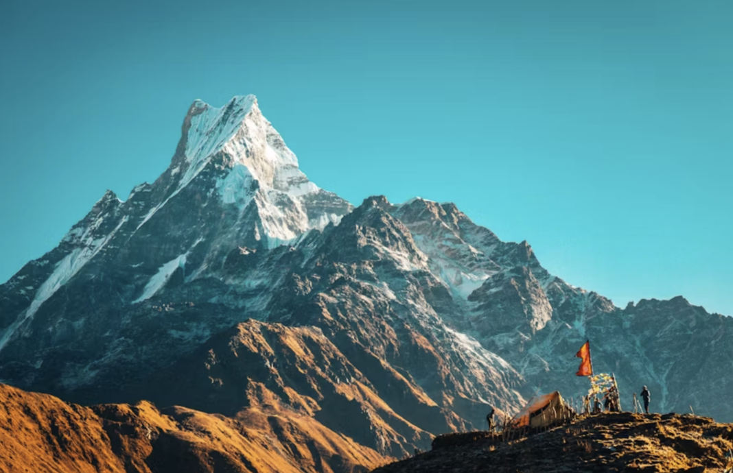 Machapuchare snowcapped peak in the Himalaya mountains, Nepal