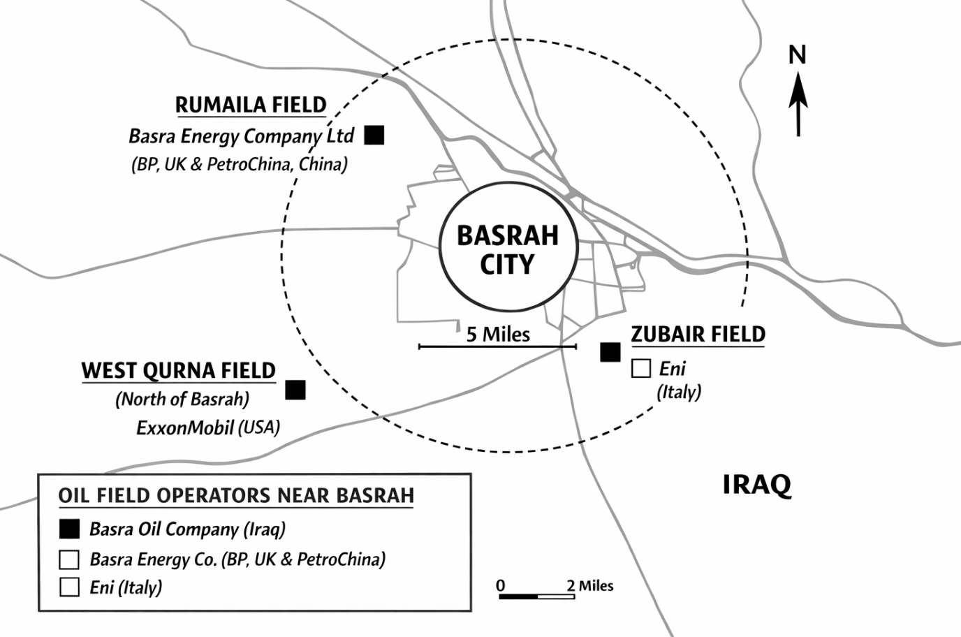 A map of the oil companies operating around the residential city of Basrah, Iraq