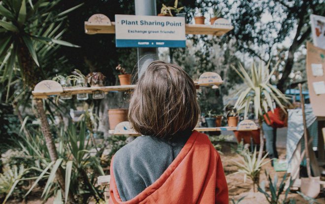 little girl looks into plant sharing in the park