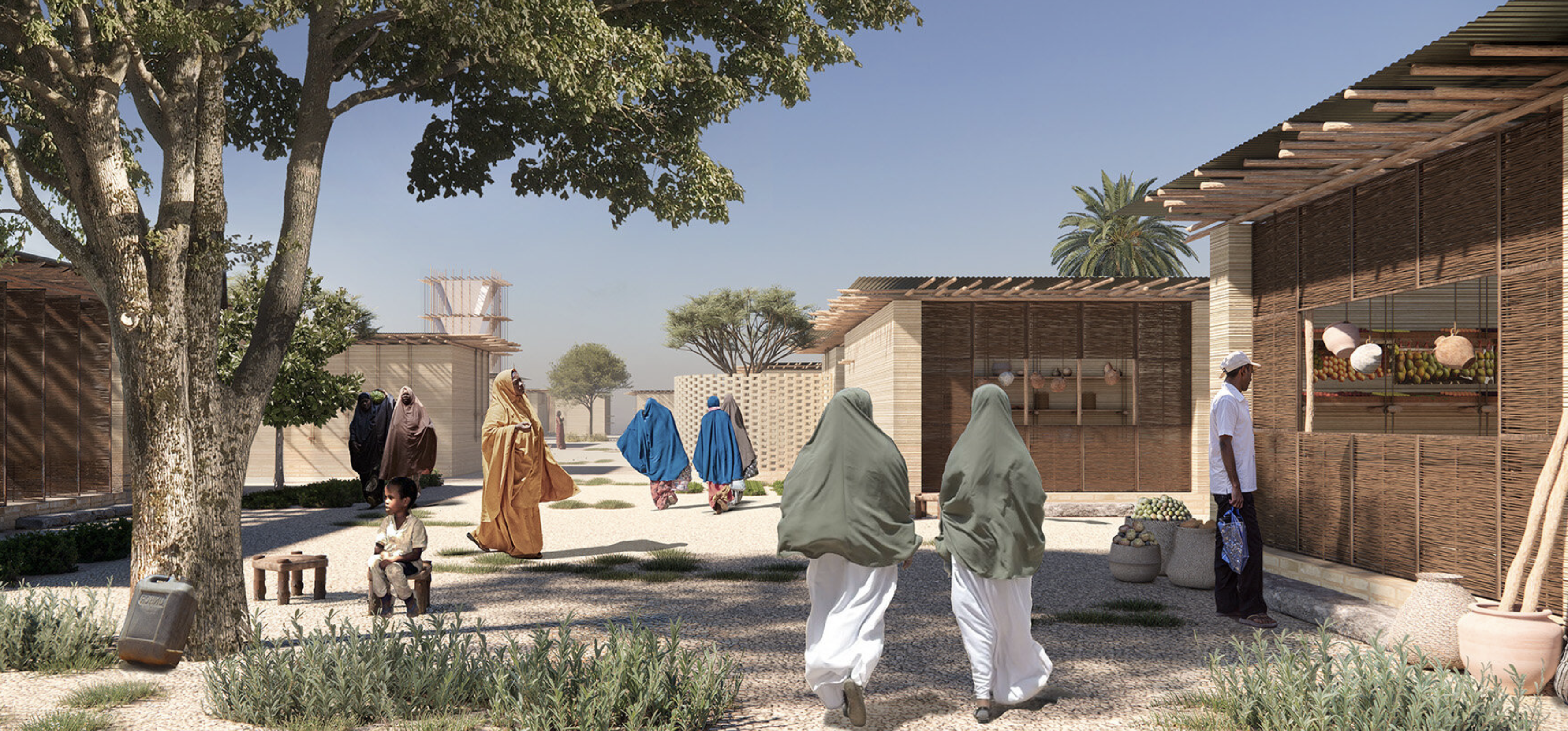 Somalia, mud brick, refugee shelter, modular housing, IDP camps, sustainable architecture, acacia wood, earth construction, passive cooling, vernacular design, low-cost housing, humanitarian architecture, Kengo Kuma, Rabie Al Ashi, climate resilience