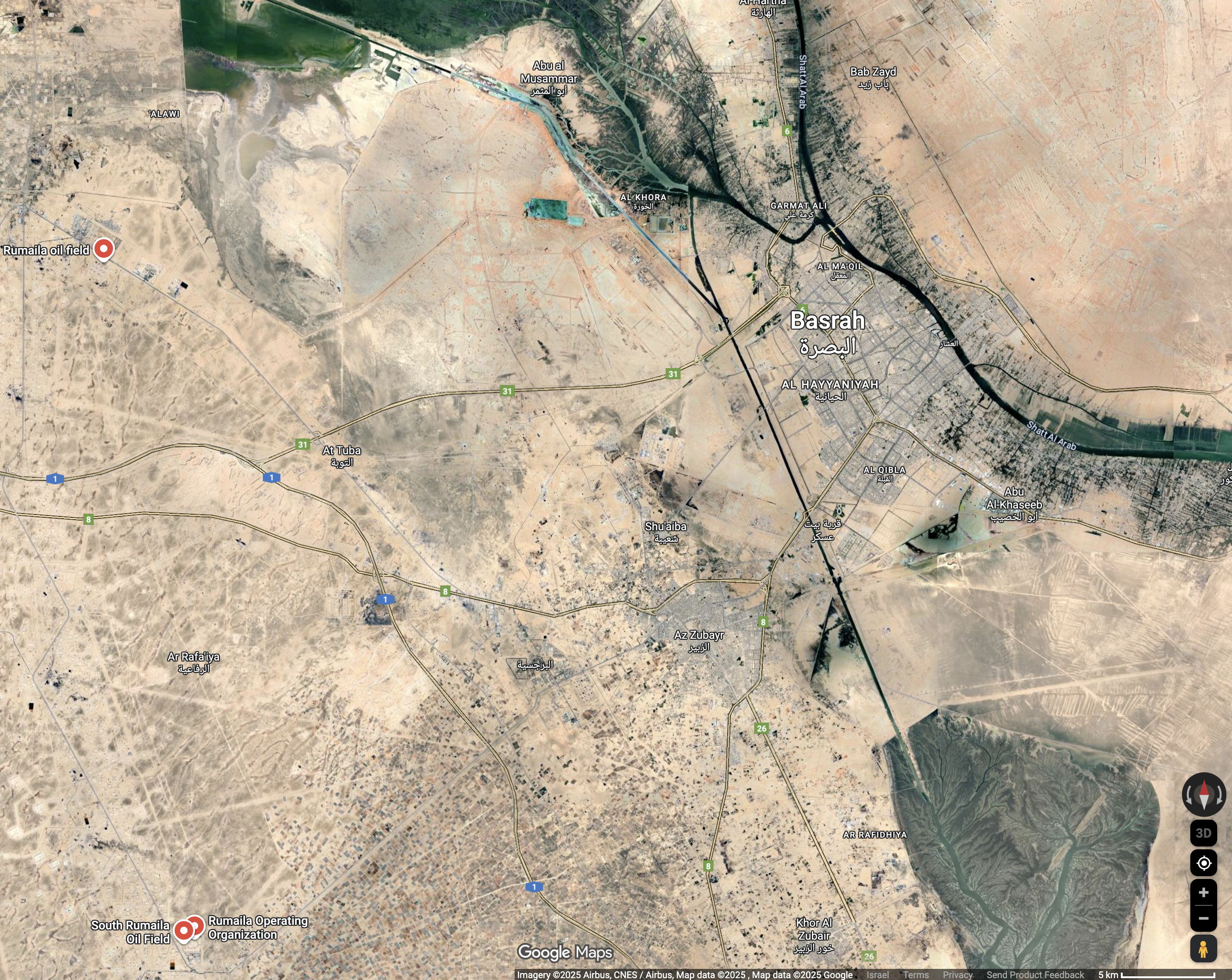 Rumaila oil field houses a population of x, it's a half hour drive to Basra