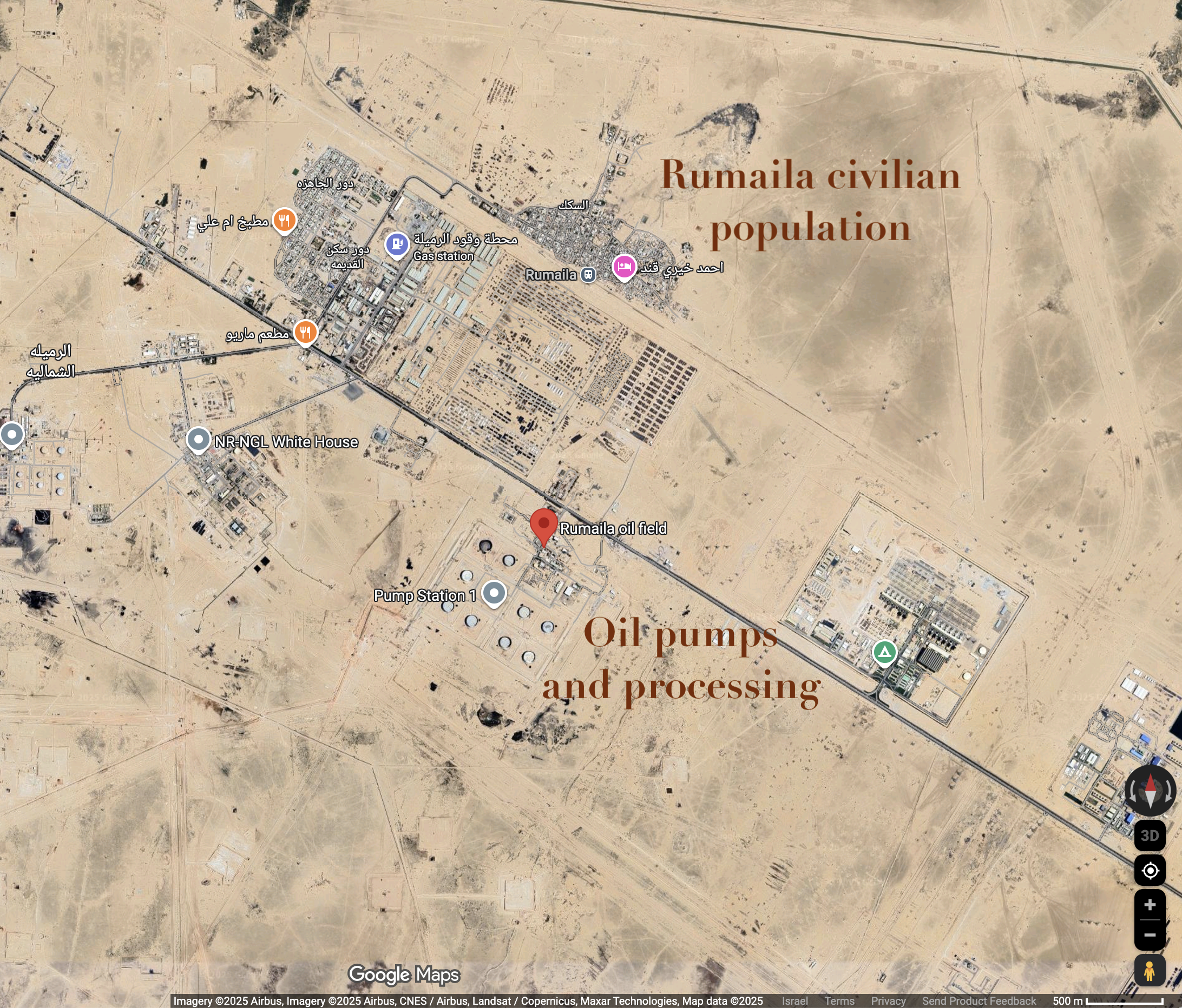 Rumaila oil field houses a population of x, it's a half hour drive to Basra