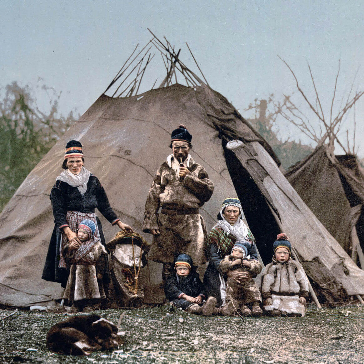 An historical photo of a Sami family in Lapland. Date and source unknown.