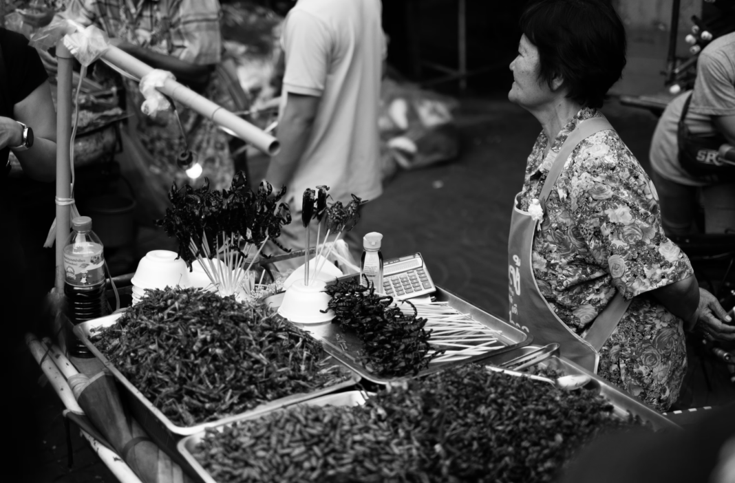 locusts cooked and dried, scorpions, black and white market photo
