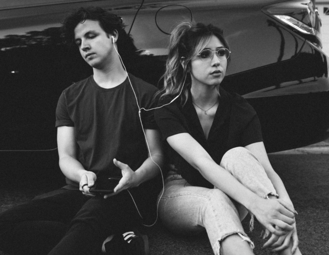 sharing headphones in black and wine, emo