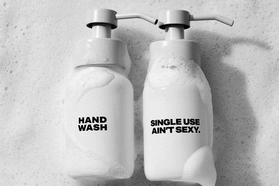 a Single Use Ain’t Sexy tablet is simply placed into a reusable glass dispenser along with water that produces a luxurious white foam every time you wash your hands.