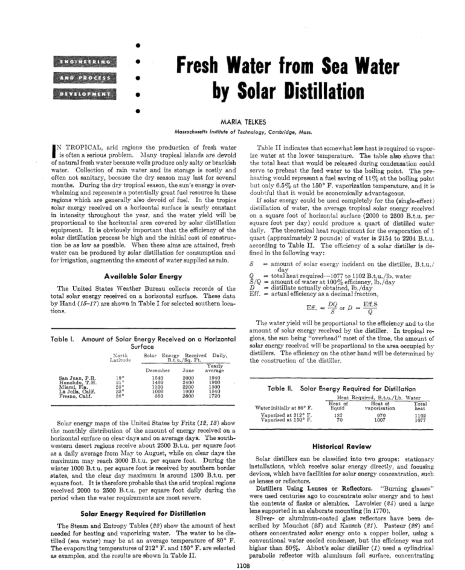 Maria Telkes saltwater sea solar energy paper