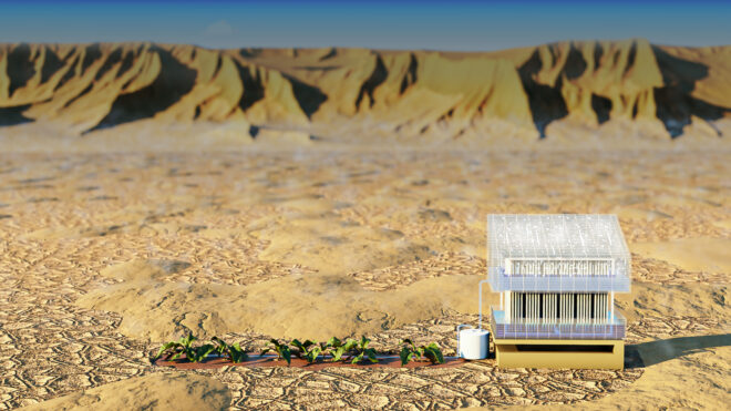 A solar-powered water harvester rendering developed by KAUST researchers can extract 2 to 3 liters of water per day during the summer months. Courtesy.