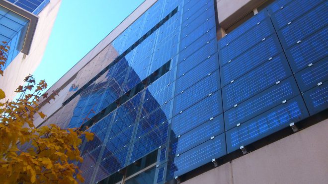 bifacial two sided solar panel on an office building